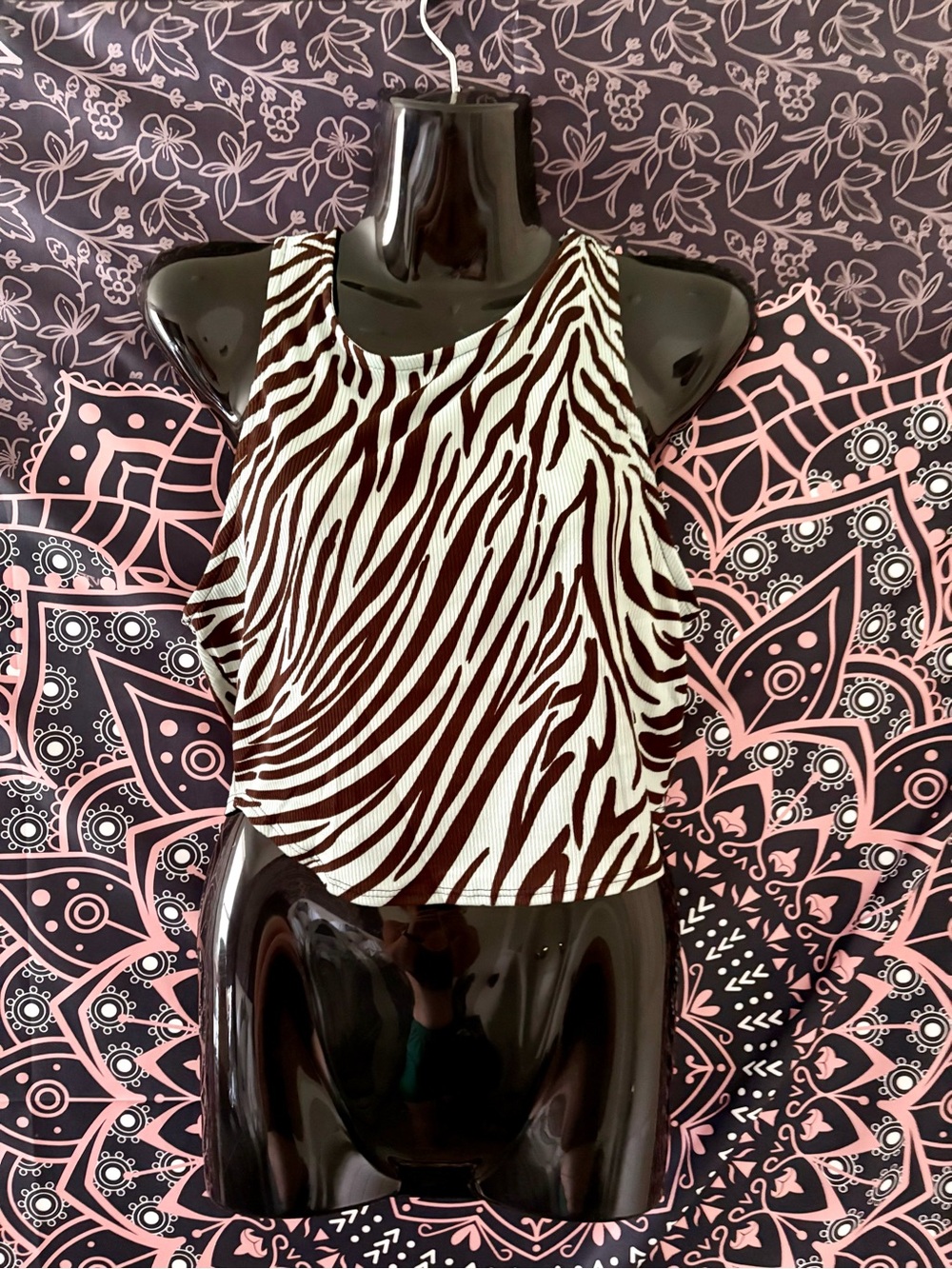 Brown & Seafoam Zebra-Print Ribbed Crop Top